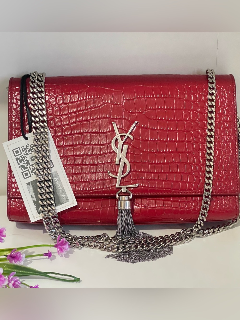 Saint Laurent Red Croc-Embossed Tassel Chain Clutch